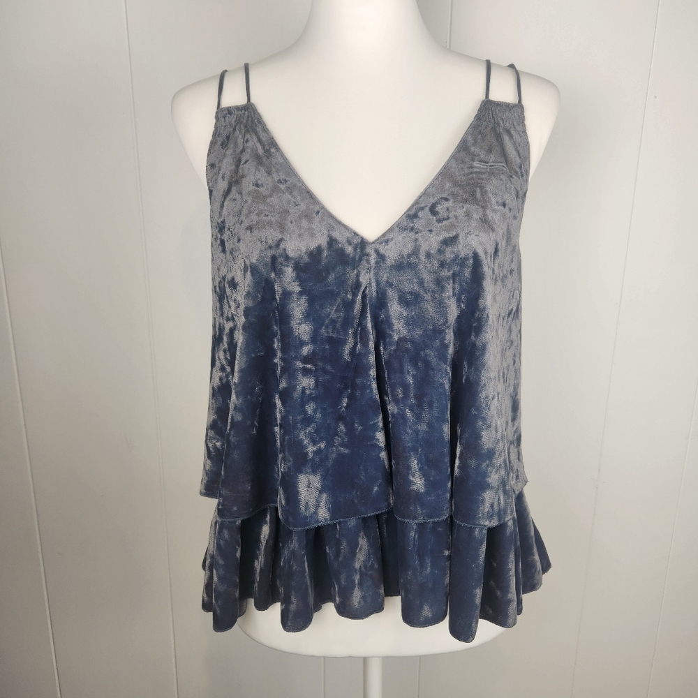 Aerie Crushed Velvet Strappy Tank Top Medium Crop Blue Velour Tiered Boxy Fairy